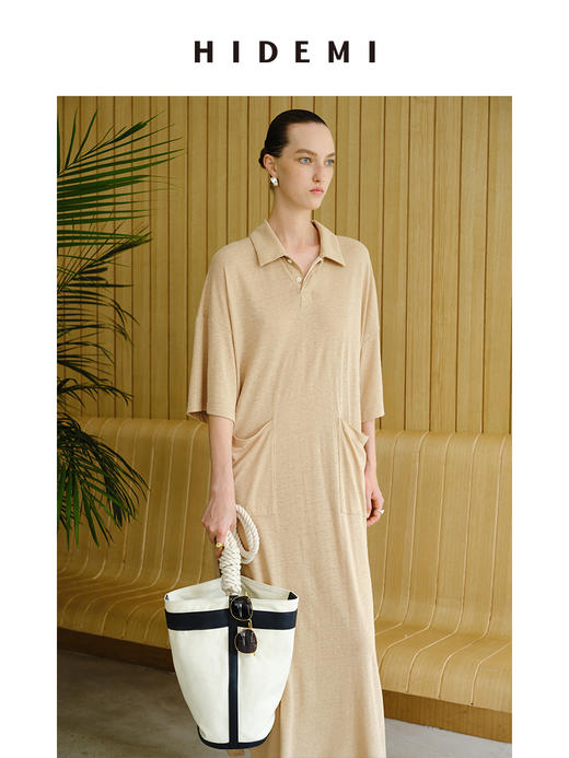HIDEMI 度假系列薄针织亚麻polo廓形连衣裙 商品图5
