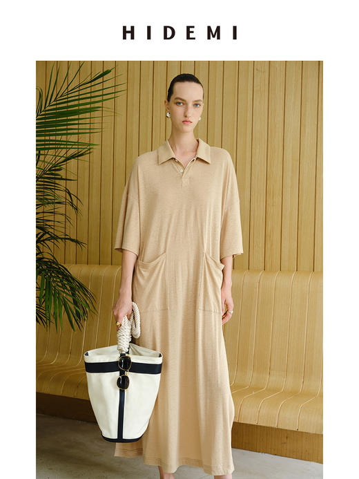 HIDEMI 度假系列薄针织亚麻polo廓形连衣裙 商品图4