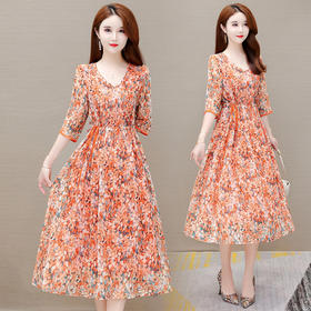 YWE H5805大码雪纺连衣裙修身中长款气质优雅七分袖a字裙