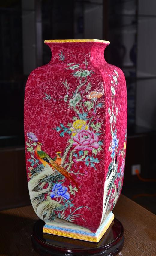 胭脂红扒花花鸟四方镶器 商品图0