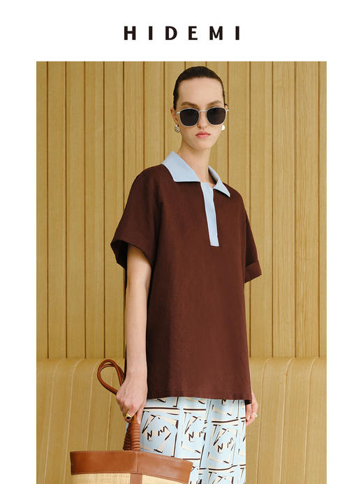 HIDEMI 度假系列水洗亚麻拼接款撞色polo短袖上衣 商品图3