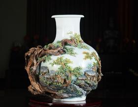 陶瓷镶雕江南春色赏瓶