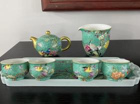 绿地扒花花鸟茶具套