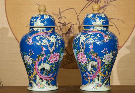 蓝地扒花有凤来仪将军罐 商品图0