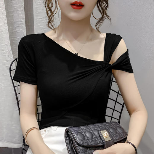 辣色短袖T恤设计感小众方领泡泡袖上衣MZ800541 商品图0