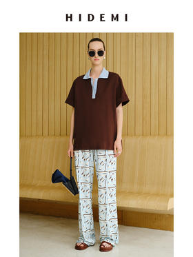 HIDEMI 度假系列水洗亚麻拼接款撞色polo短袖上衣