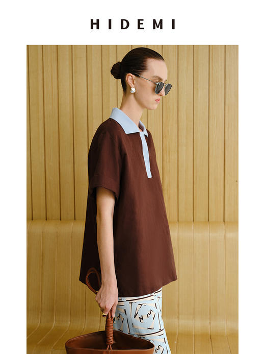 HIDEMI 度假系列水洗亚麻拼接款撞色polo短袖上衣 商品图4