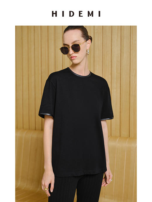 HIDEMI 度假系列简约手工包皮边圆领T恤 黑色/蓝色/奶油黄 商品图9