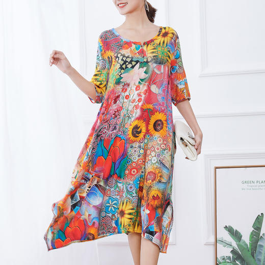 夏装新款真丝连衣裙中袖圆领大码宽松桑蚕丝印花休闲长裙ZT-8080 商品图0