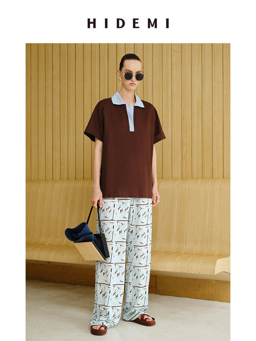 HIDEMI 度假系列水洗亚麻拼接款撞色polo短袖上衣 商品图2