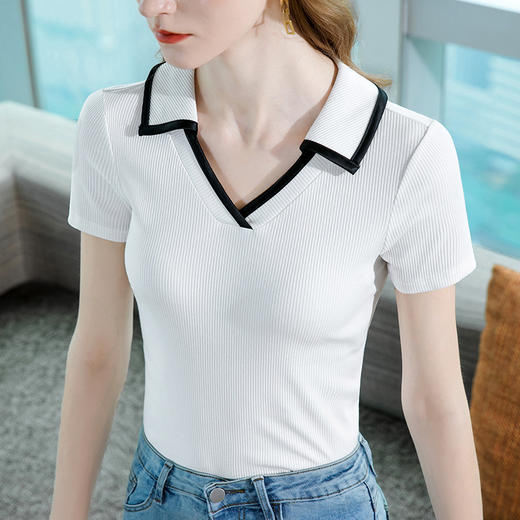 法式气质，莫代尔T恤时尚新款翻领POLO衫短袖上衣SG-T2X2538 商品图3