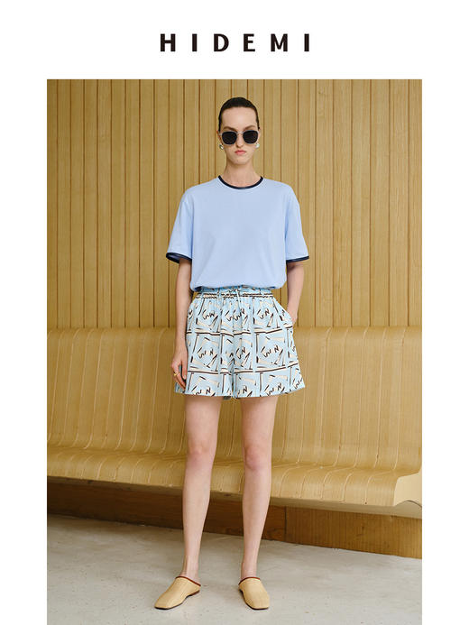 HIDEMI 度假系列简约手工包皮边圆领T恤 黑色/蓝色/奶油黄 商品图4