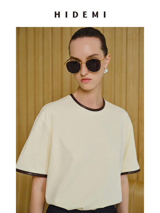 HIDEMI 度假系列简约手工包皮边圆领T恤 黑色/蓝色/奶油黄 商品图6