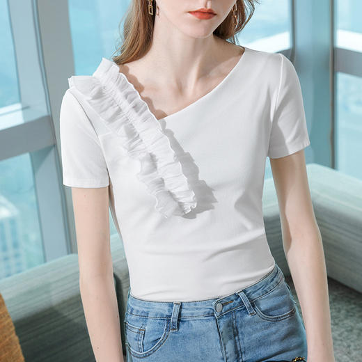 短袖T恤，设计感小众斜肩v领法式荷叶边上衣SG-T2X2553 商品图3