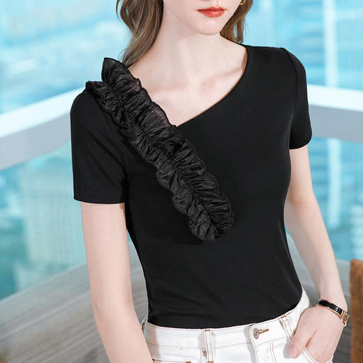 短袖T恤，设计感小众斜肩v领法式荷叶边上衣SG-T2X2553 商品图1