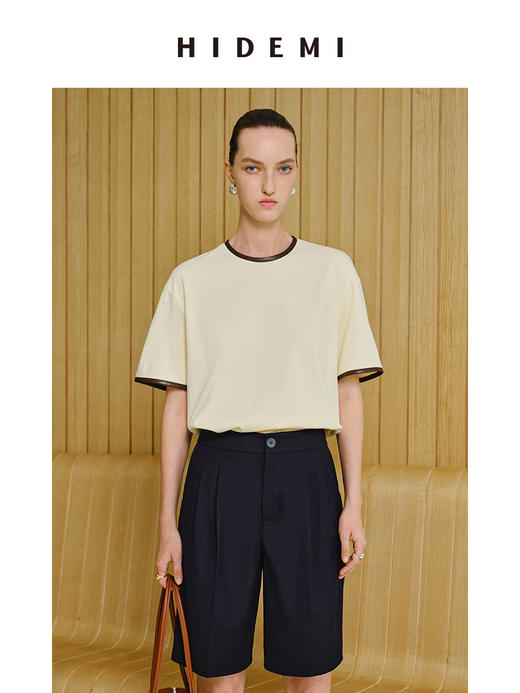 HIDEMI 度假系列简约手工包皮边圆领T恤 黑色/蓝色/奶油黄 商品图2