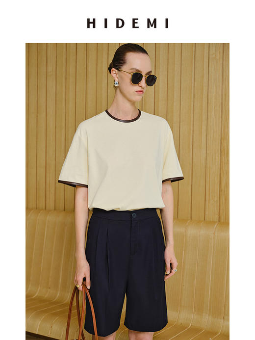 HIDEMI 度假系列简约手工包皮边圆领T恤 黑色/蓝色/奶油黄 商品图5