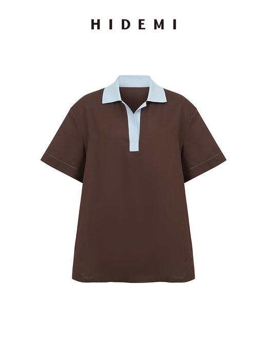 HIDEMI 度假系列水洗亚麻拼接款撞色polo短袖上衣 商品图7