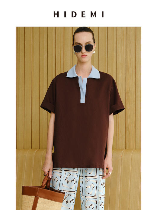 HIDEMI 度假系列水洗亚麻拼接款撞色polo短袖上衣 商品图6