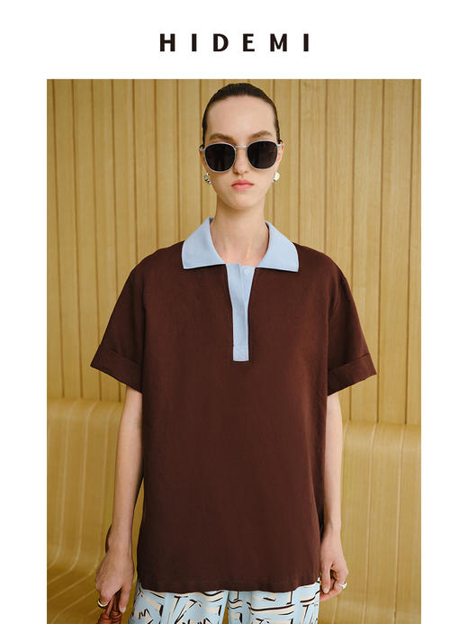 HIDEMI 度假系列水洗亚麻拼接款撞色polo短袖上衣 商品图1