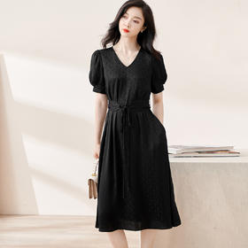 剩S/M 米思阳夏季新款时尚气质优雅提花泡泡袖连衣裙黑色中长裙1908