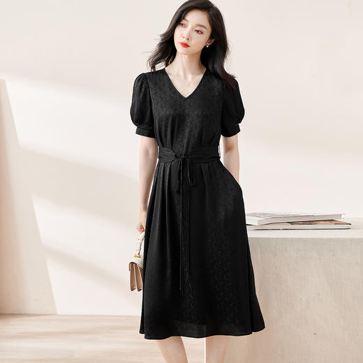 剩S/M 米思阳夏季新款时尚气质优雅提花泡泡袖连衣裙黑色中长裙1908 商品图0