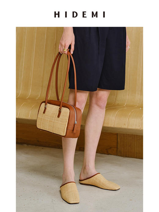 HIDEMI 度假系列拉菲草编织拼皮波士顿包 黑色/棕色 商品图5