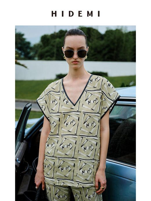 HIDEMI 度假系列水洗亚麻手绘印花手工包皮边四件套 v领上衣/九分裤/短裤/背心 商品图2