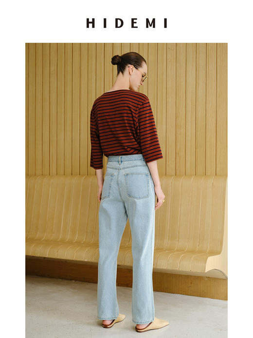 HIDEMI 度假系列海军条纹一字领七分袖上衣  蓝白/棕蓝 商品图6