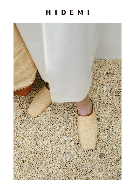 HIDEMI 度假系列小羊皮经典方头拖鞋平底鞋 黑色/马卡龙蓝/拉菲草手工拼皮 商品图9