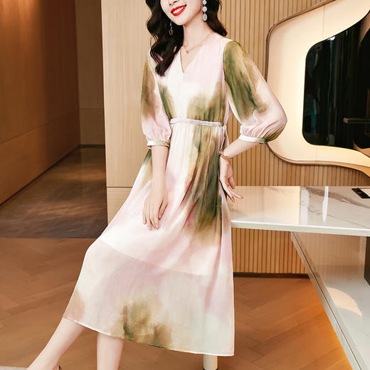 清新优雅，夏季桑蚕丝V领收腰连衣裙SM-82298239 商品图2