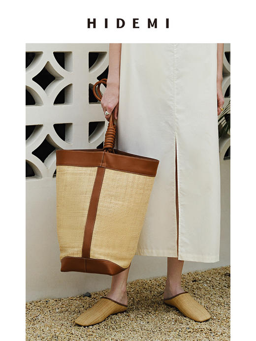 HIDEMI 度假系列拉菲草编织拼皮tote水桶包中号 黑色/棕色 商品图10