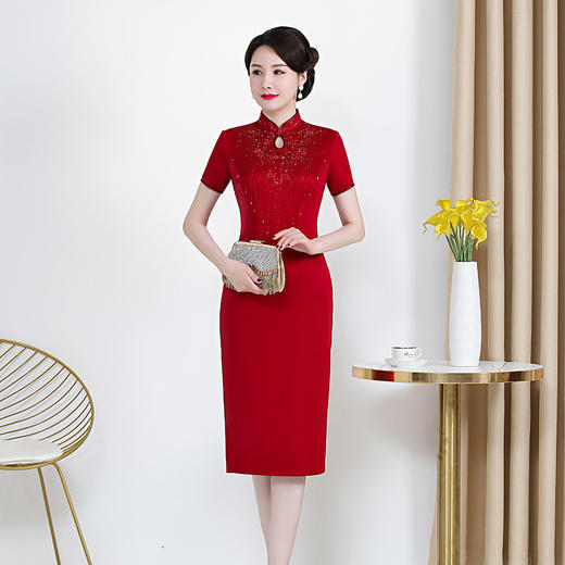 时尚年轻婆婆夏季立领红色旗袍，新款气质婚宴礼服连衣裙YZL-2135 商品图0