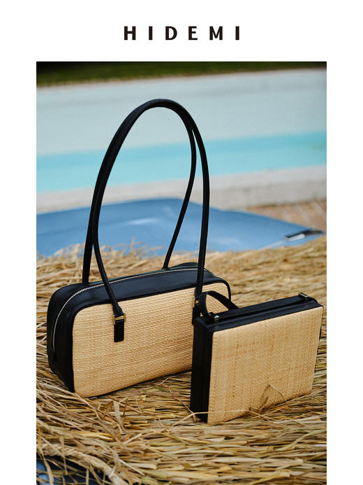 HIDEMI 度假系列拉菲草编织拼皮波士顿包 黑色/棕色 商品图3