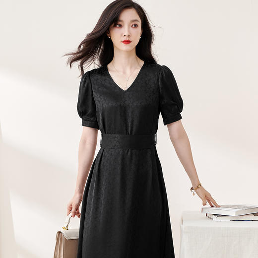 剩S/M 米思阳夏季新款时尚气质优雅提花泡泡袖连衣裙黑色中长裙1908 商品图3