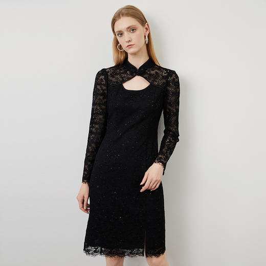 EITIE爱特爱秋季新款中式盘扣镂空修身小黑裙气质蕾丝连衣裙C2207022 商品图1