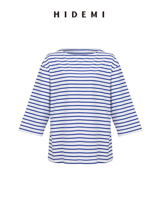 HIDEMI 度假系列海军条纹一字领七分袖上衣  蓝白/棕蓝 商品图14