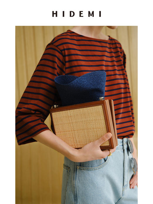 HIDEMI 度假系列海军条纹一字领七分袖上衣  蓝白/棕蓝 商品图4