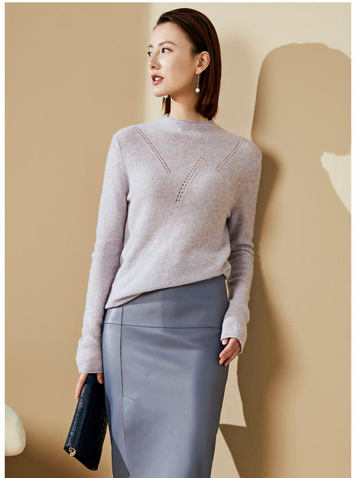 “烟雾紫”闪闪羊绒衫J20424682A 颈袖添香品牌秋冬OL女中长款羊绒毛衣长袖冬季套头 商品图1