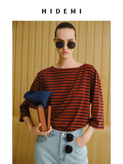HIDEMI 度假系列海军条纹一字领七分袖上衣  蓝白/棕蓝 商品图3