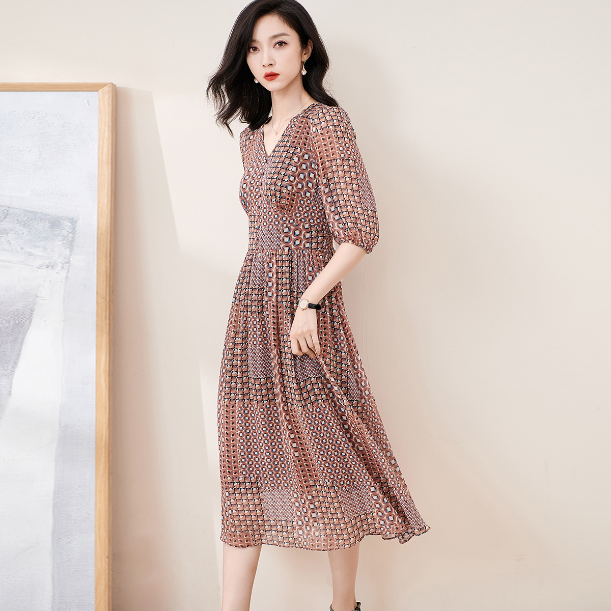 剩S/M/L 米思阳2025夏季新款知性复古印花灯笼袖连衣裙收腰大摆雪纺裙1899