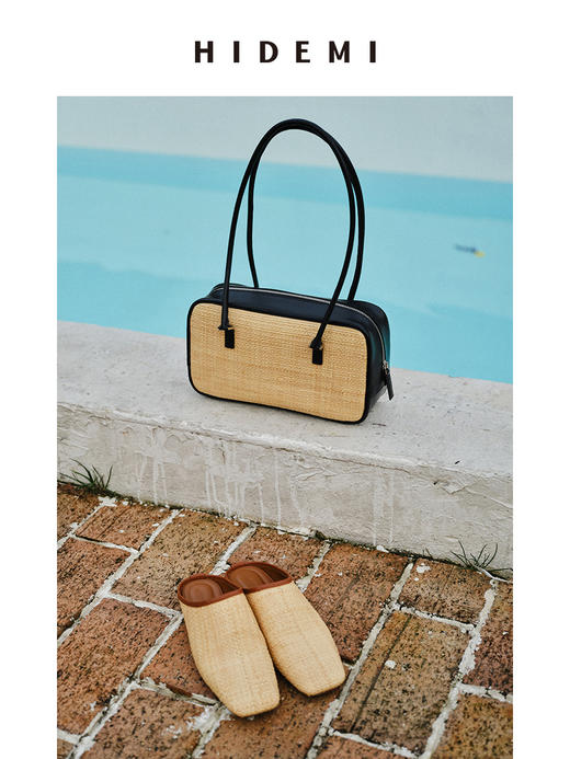 HIDEMI 度假系列小羊皮经典方头拖鞋平底鞋 黑色/马卡龙蓝/拉菲草手工拼皮 商品图5