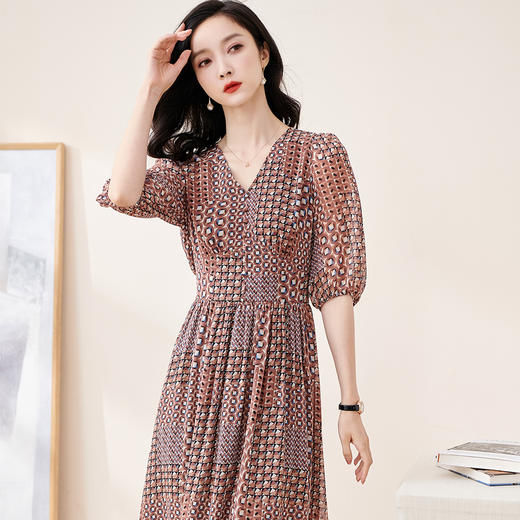 剩S/M/L 米思阳2025夏季新款知性复古印花灯笼袖连衣裙收腰大摆雪纺裙1899 商品图1
