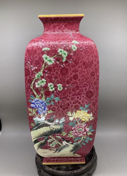 胭脂红扒花花鸟四方镶器 商品图0