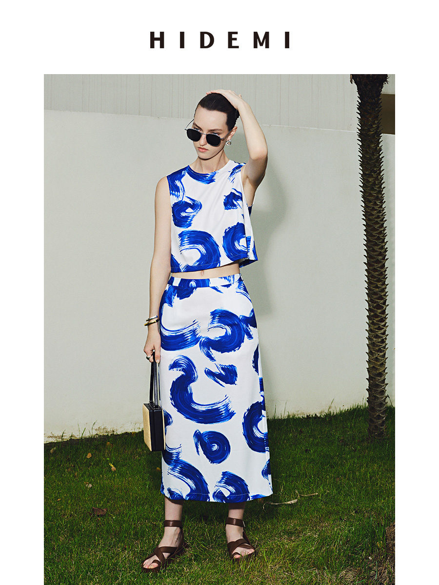 HIDEMI 度假系列自由之地蓝色手绘印花四件套 短衬衫/背心/半身裙/丝巾