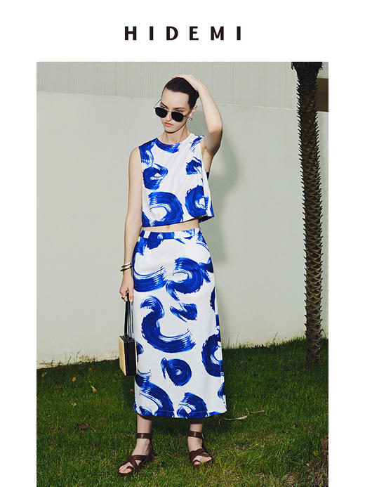 HIDEMI 度假系列自由之地蓝色手绘印花四件套 短衬衫/背心/半身裙/丝巾 商品图0