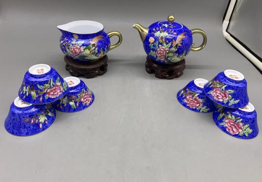 蓝地扒花花鸟茶具 商品图0