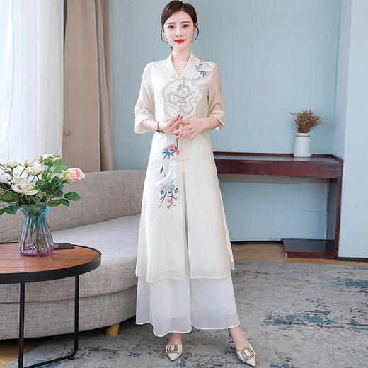 XH21C0828 2022夏季新品中国风复古文艺刺绣连衣裙复古盘扣气质连衣长裙薄款 商品图3