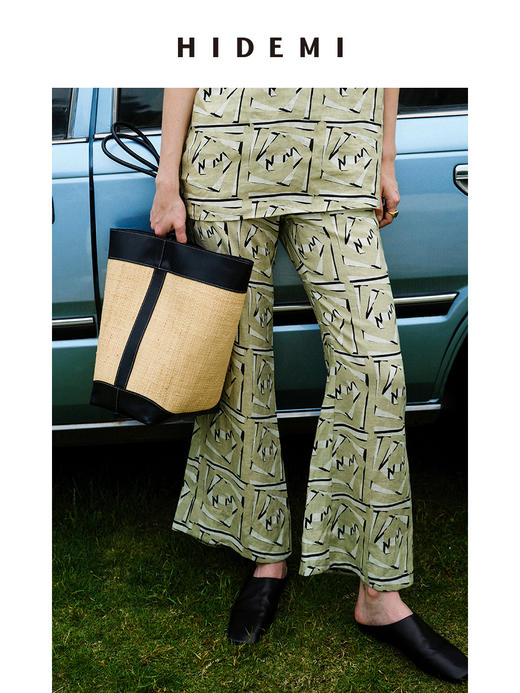 HIDEMI 度假系列拉菲草编织拼皮tote水桶包中号 黑色/棕色 商品图4