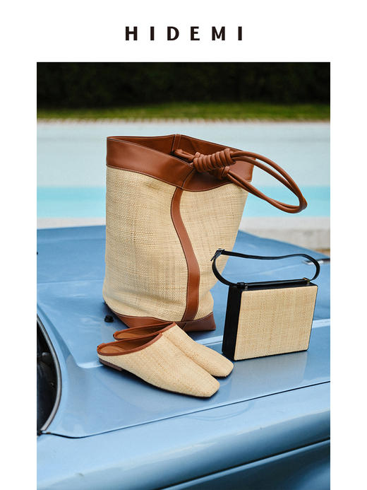 HIDEMI 度假系列小羊皮经典方头拖鞋平底鞋 黑色/马卡龙蓝/拉菲草手工拼皮 商品图4